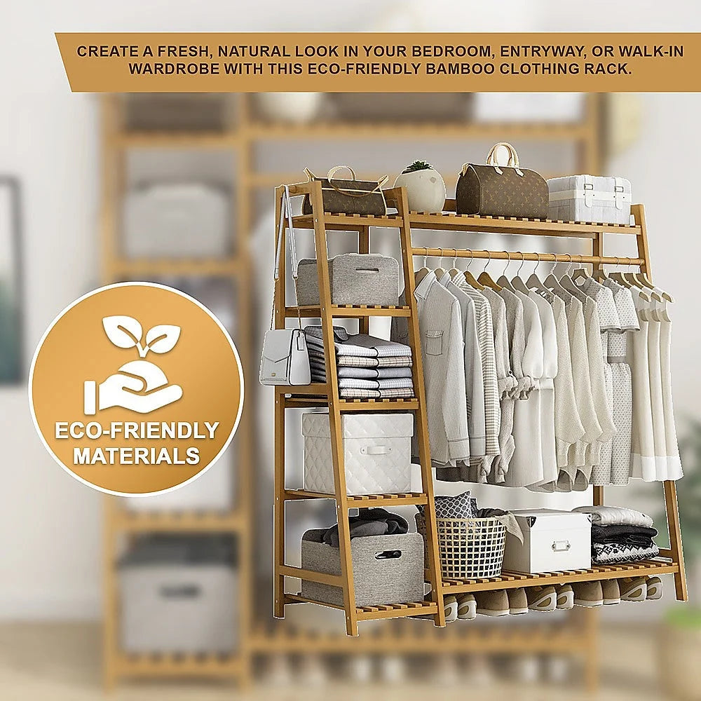 Clothes Rack Portable Coat Garment Stand Bamboo Rail Hanger