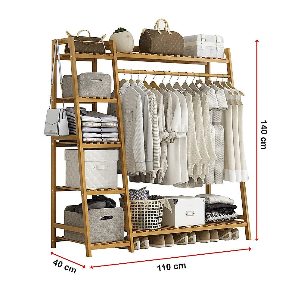 Clothes Rack Portable Coat Garment Stand Bamboo Rail Hanger