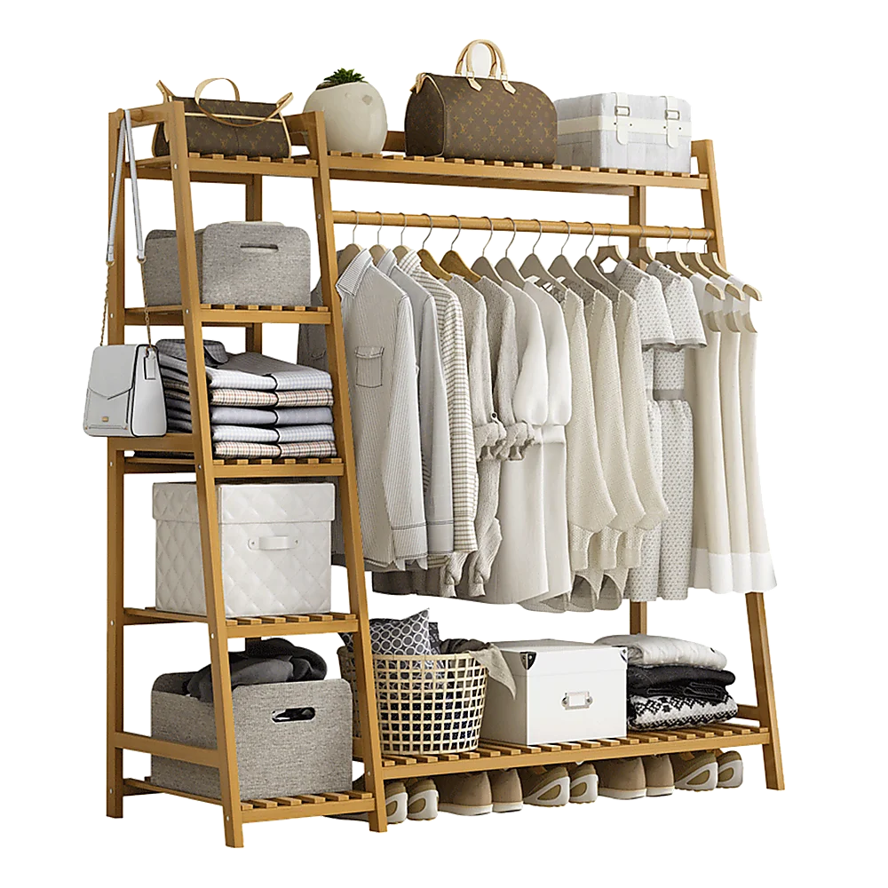Clothes Rack Portable Coat Garment Stand Bamboo Rail