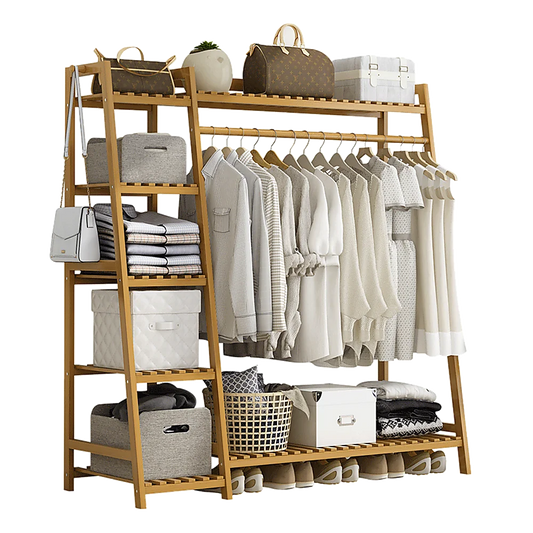 Clothes Rack Portable Coat Garment Stand Bamboo Rail