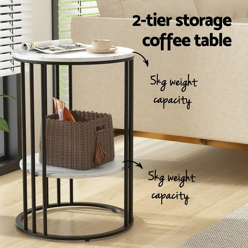Coffee Table 2-Tier Round Marble Effect - Furniture