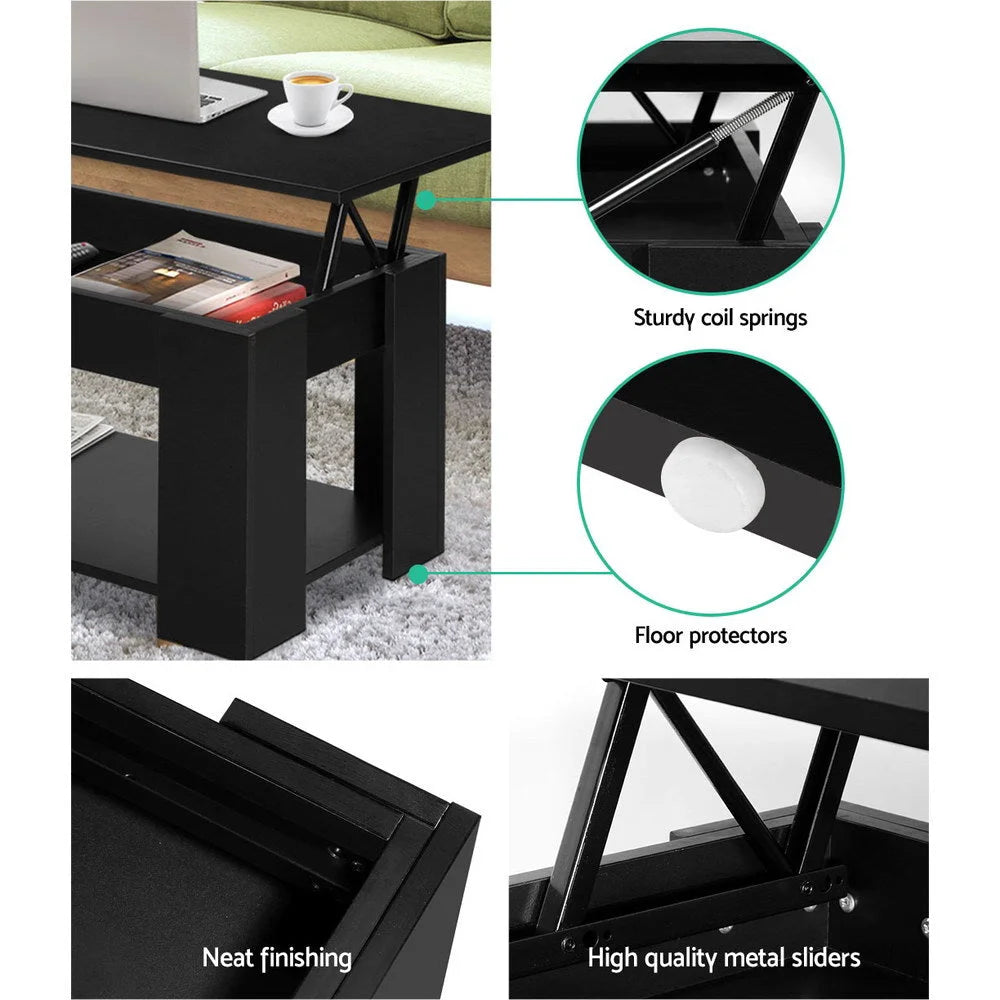 Coffee Table Lift Up Top with Storage Shelf Black