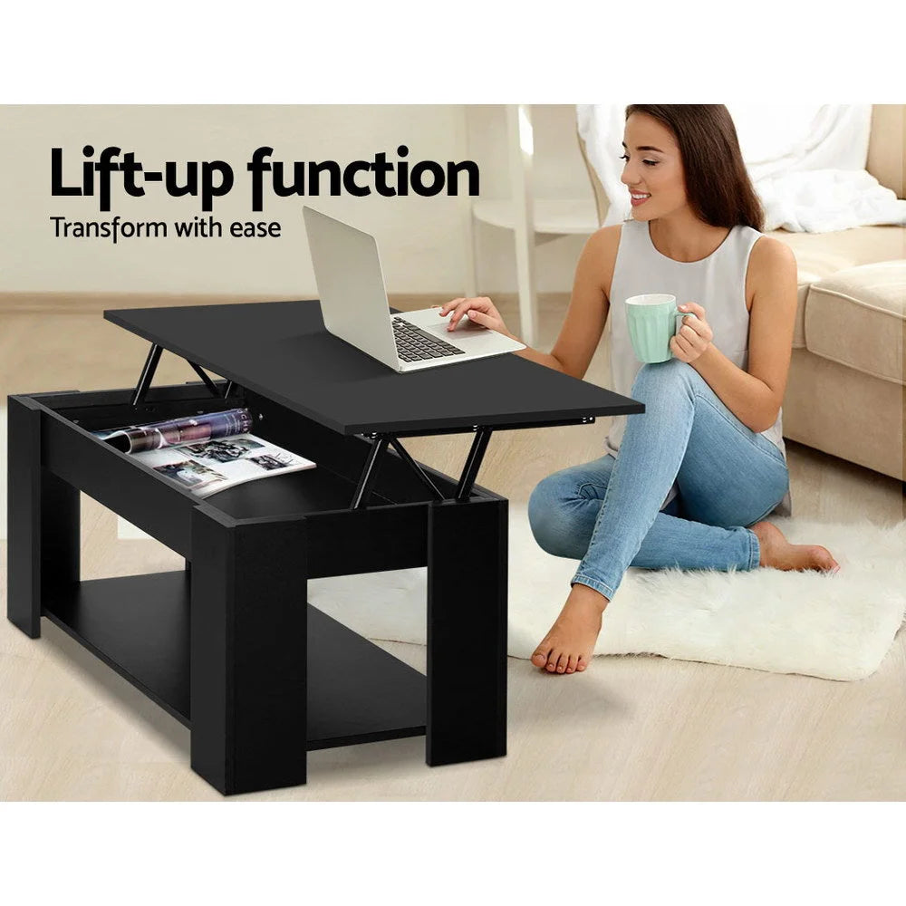 Coffee Table Lift Up Top Storage Shelf Black