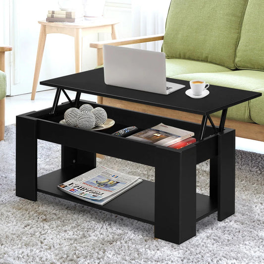 Coffee Table Lift-Up Top Storage Shelf - Black - Bedroom