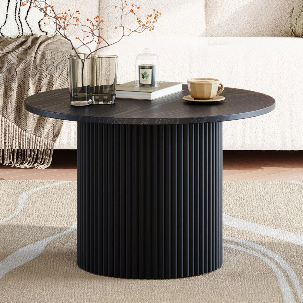 Coffee Table Luxe Black Ribbed Texture Wooden - Furniture