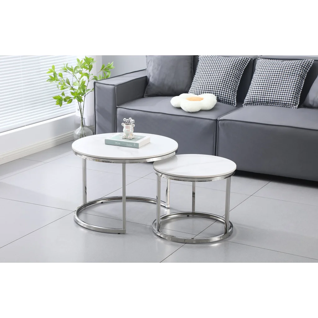 Coffee Table Nesting Style - White on Silver - 60cm/40cm