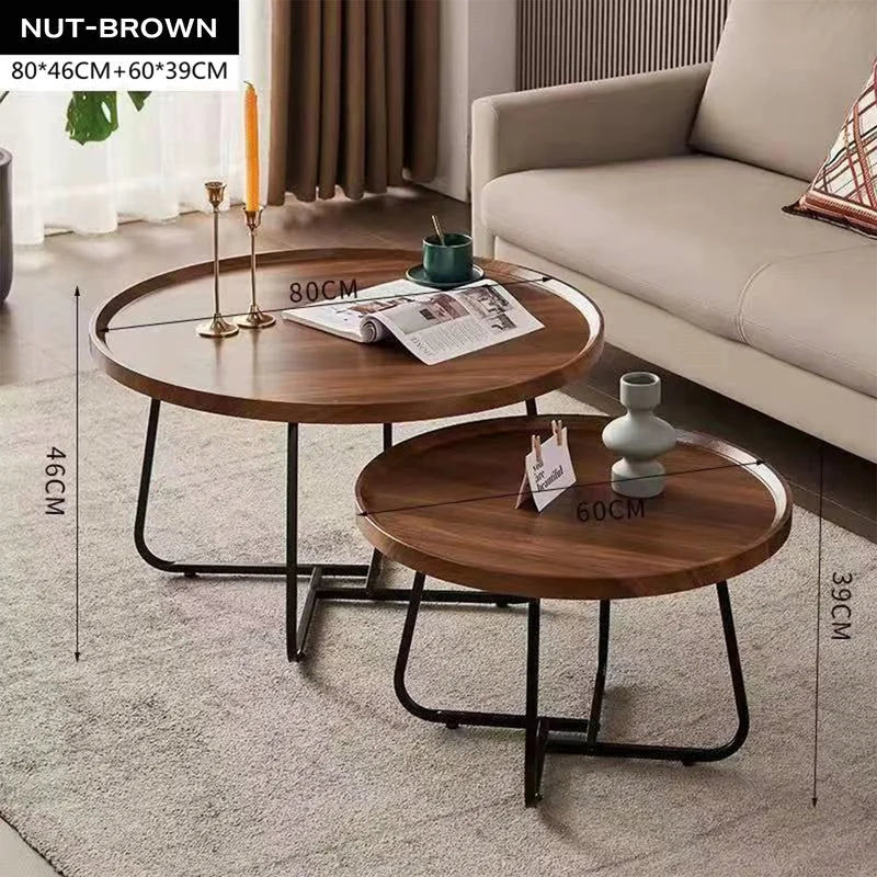 Coffee Table Set of 2 Round Removable Walnut Nesting Side