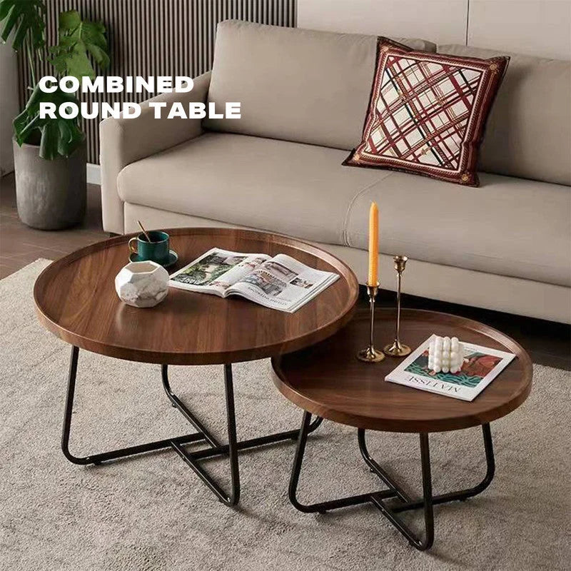 Coffee Table Set of 2 Round Removable Walnut Nesting Side