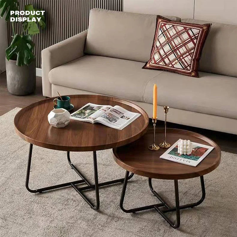 Coffee Table Set of 2 Round Removable Walnut Nesting Side