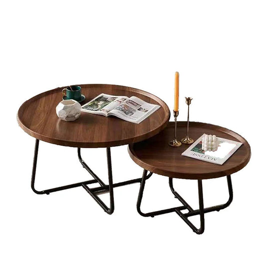 Coffee Table Set of 2 Round Removable Walnut Nesting Side