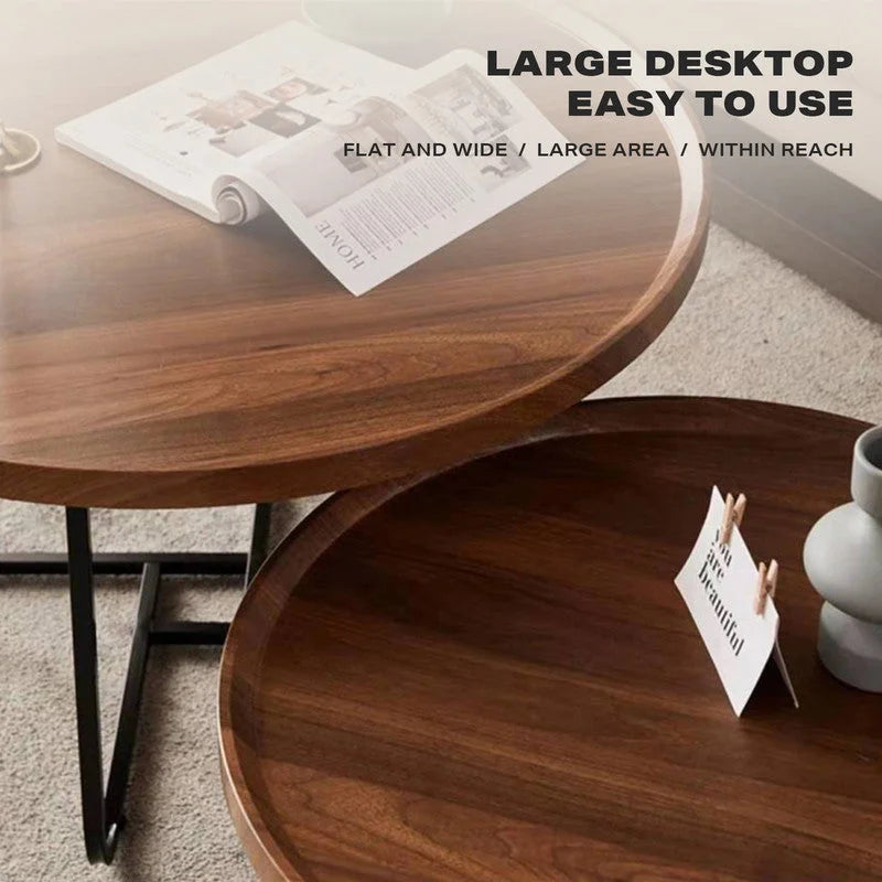 Coffee Table Set of 2 Round Removable Walnut Nesting Side