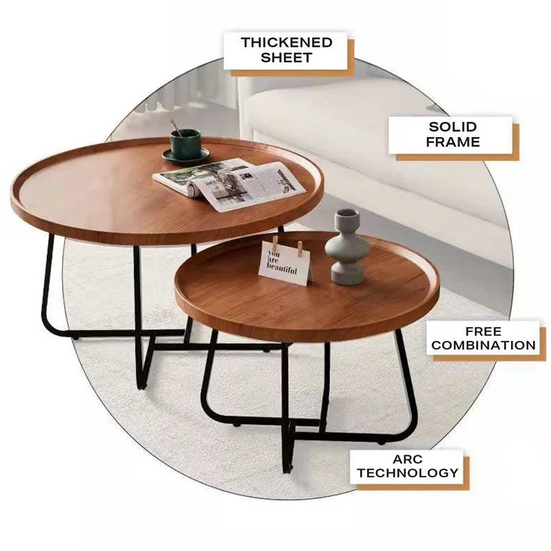 Coffee Table Set of 2 Round Removable Walnut Nesting Side