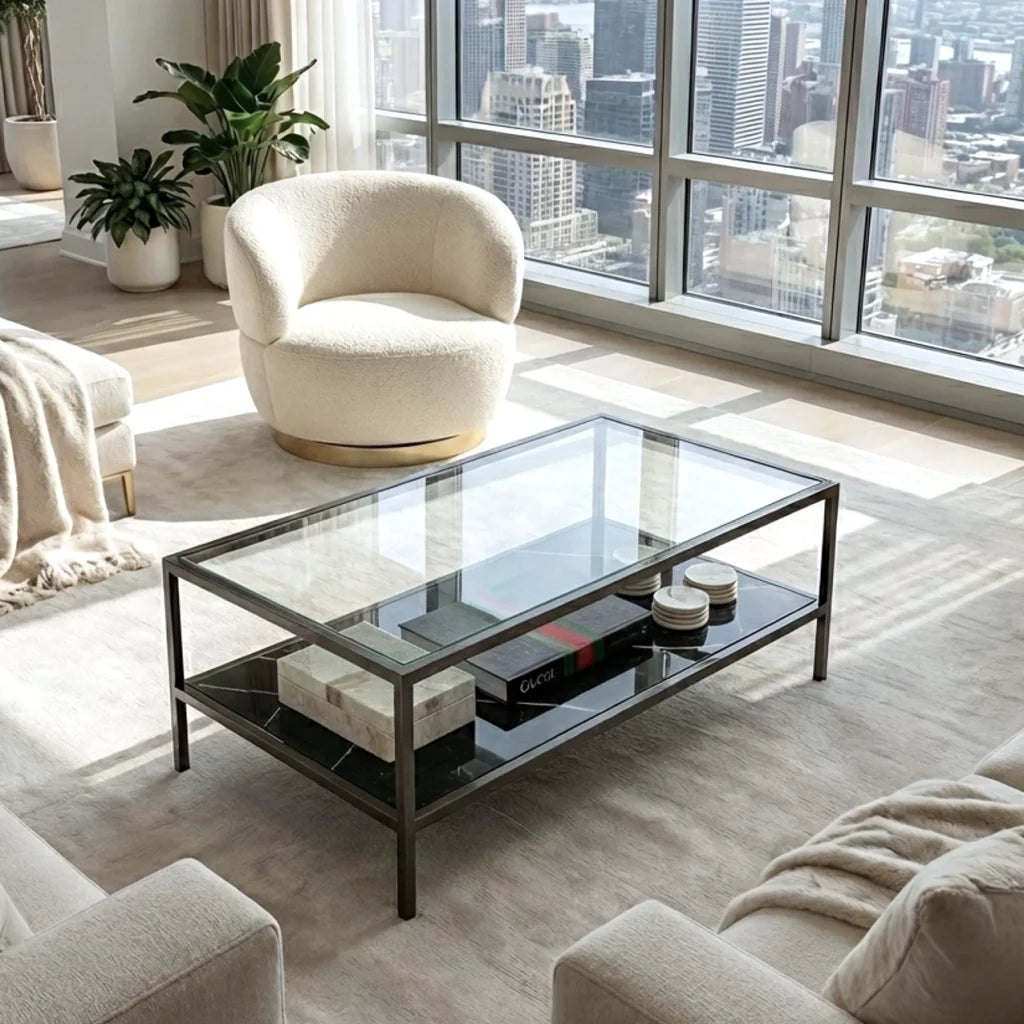 Coffee Table Vogue - Black Marble Stone & Glass - Furniture