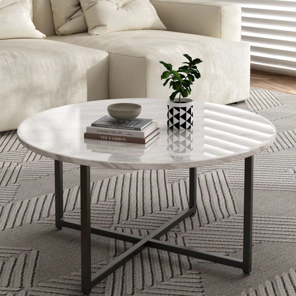 Coffee Table White Marble Effect Round with Black Legs
