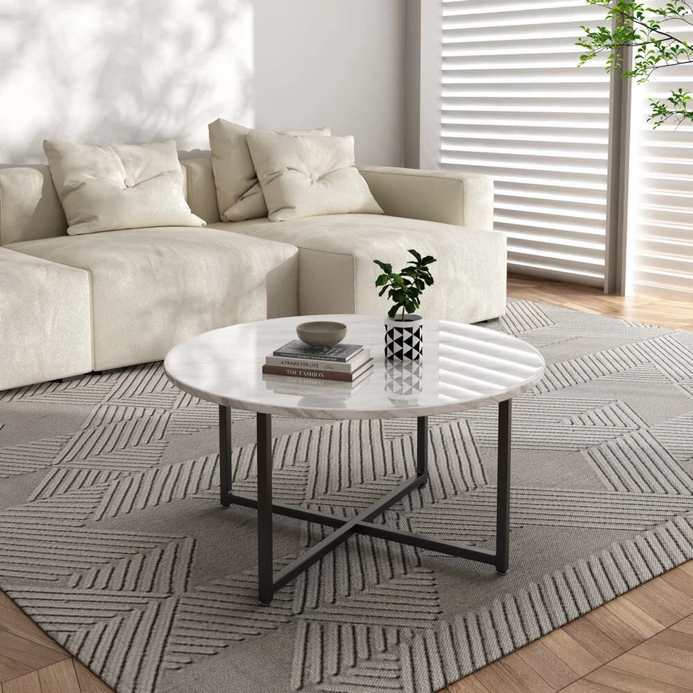 Coffee Table White Marble Effect Round with Black Legs