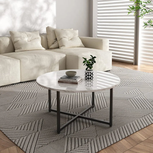 Coffee Table White Marble Effect Round with Black Legs