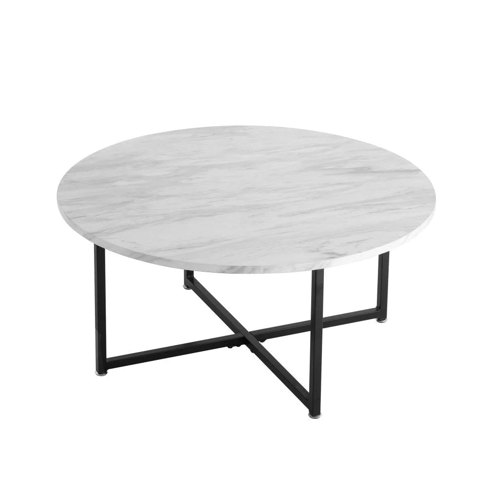 Coffee Table White Marble Effect Round with Black Legs