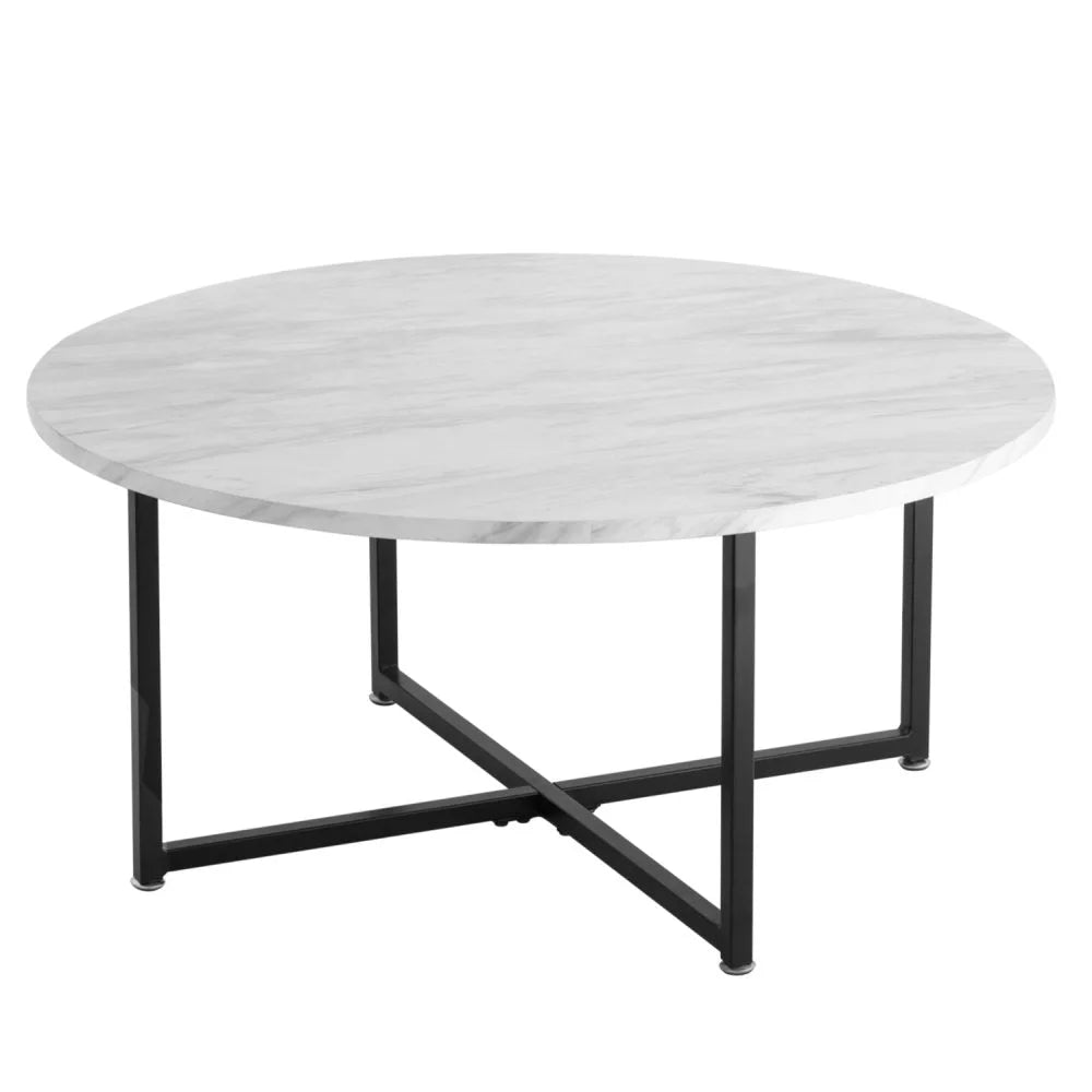 Coffee Table White Marble Effect Round with Black Legs