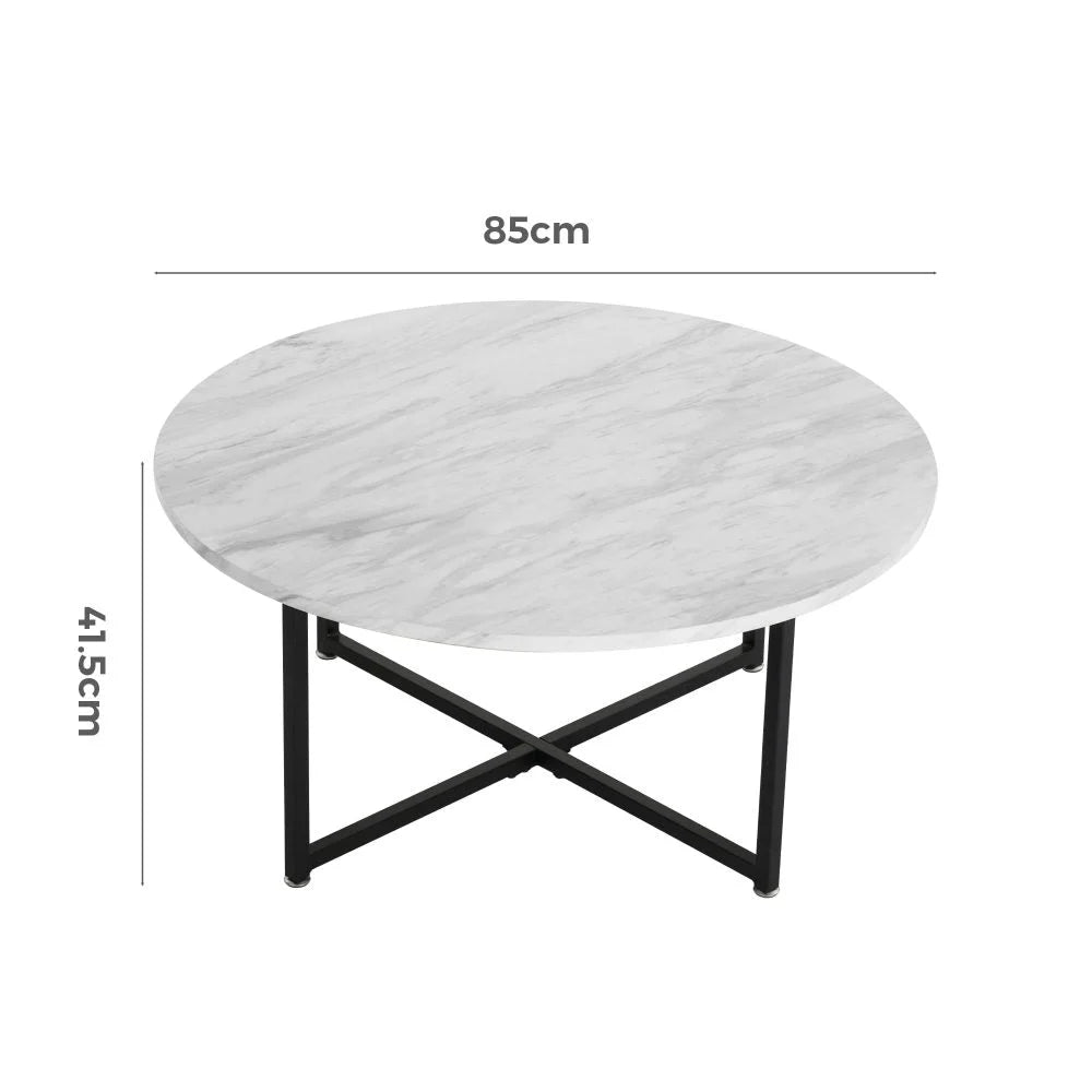 Coffee Table White Marble Effect Round with Black Legs