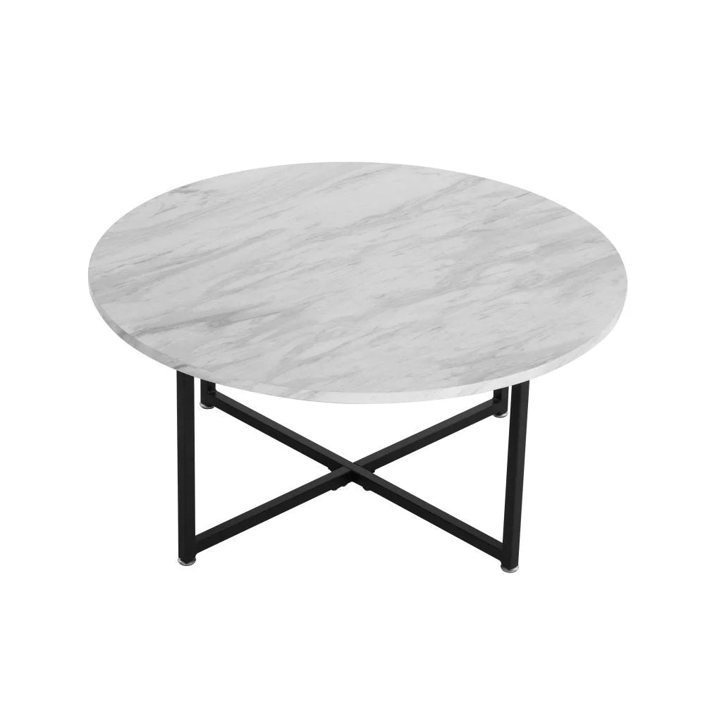 Coffee Table White Marble Effect Round with Black Legs