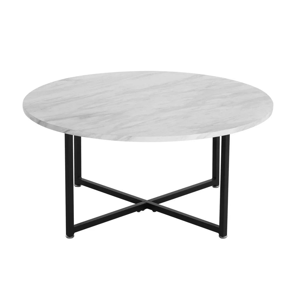 Coffee Table White Marble Effect Round with Black Legs