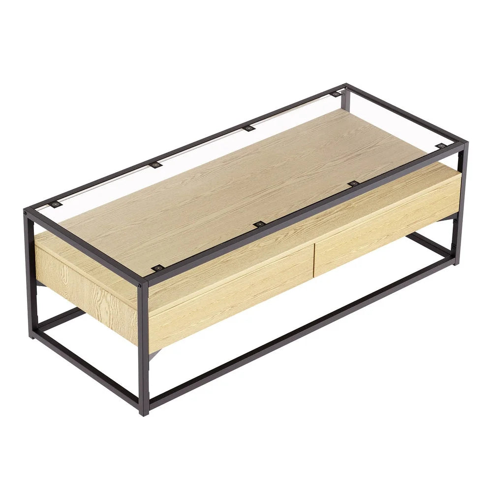 Coffee Table with 2 Drawers Glass Tabletop - Pine