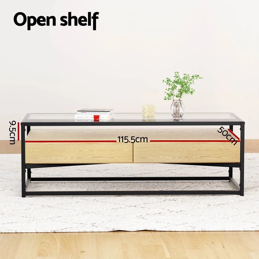 Coffee Table with 2 Drawers Glass Tabletop - Pine
