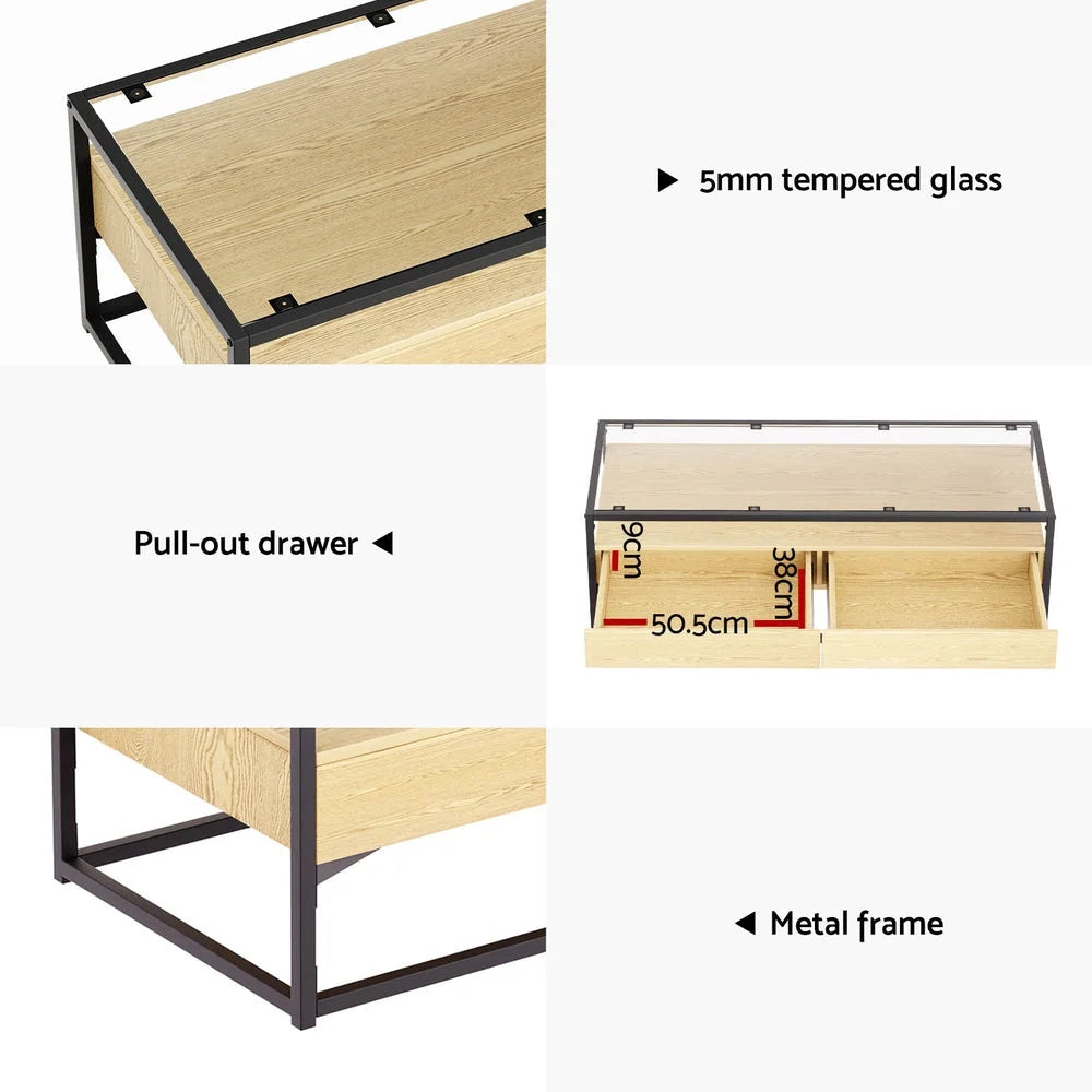 Coffee Table with 2 Drawers Glass Tabletop - Pine