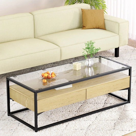 Coffee Table with 2 Drawers Glass Tabletop - Pine