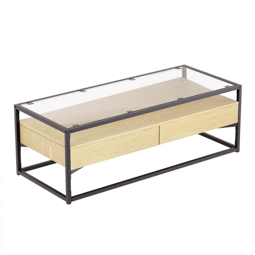 Coffee Table with 2 Drawers Glass Tabletop - Pine