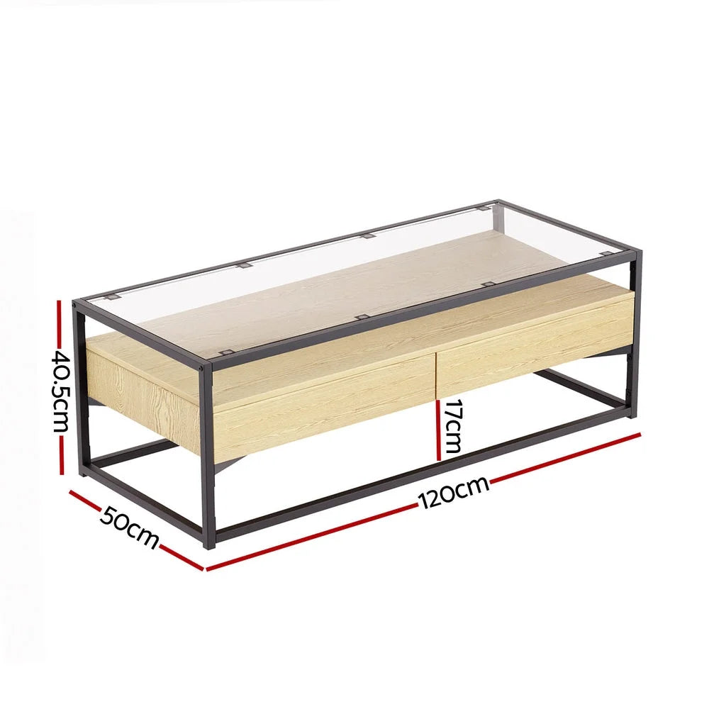 Coffee Table with 2 Drawers Glass Tabletop - Pine