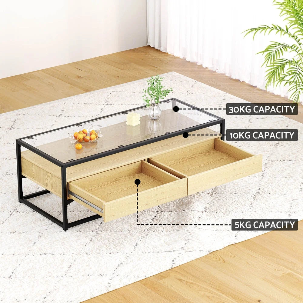 Coffee Table with 2 Drawers Glass Tabletop - Pine
