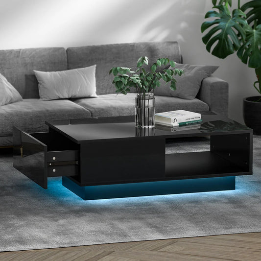Coffee Table with LED Lights High Gloss Storage Drawer
