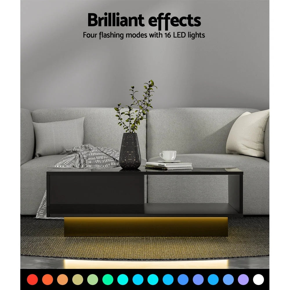 LED Lights High Gloss Storage Drawer Modern Coffee Table With