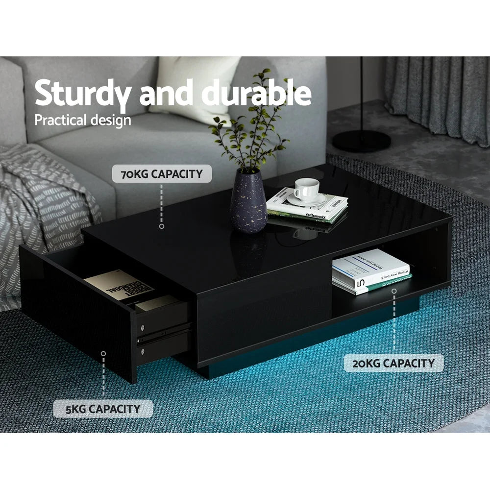 Coffee Table With LED Lights Drawer Modern Furniture Black