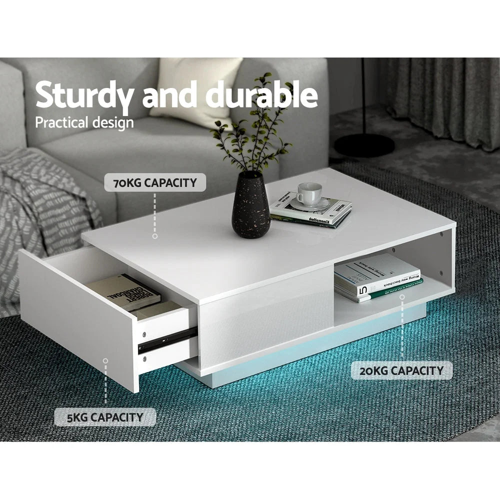 Coffee Table with LED Lights High Gloss Storage Drawer
