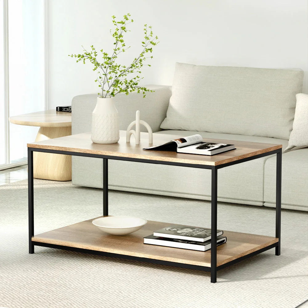 Rustic Vintage Storage Shelf Metal Frame Black Coffee Table Wooden
