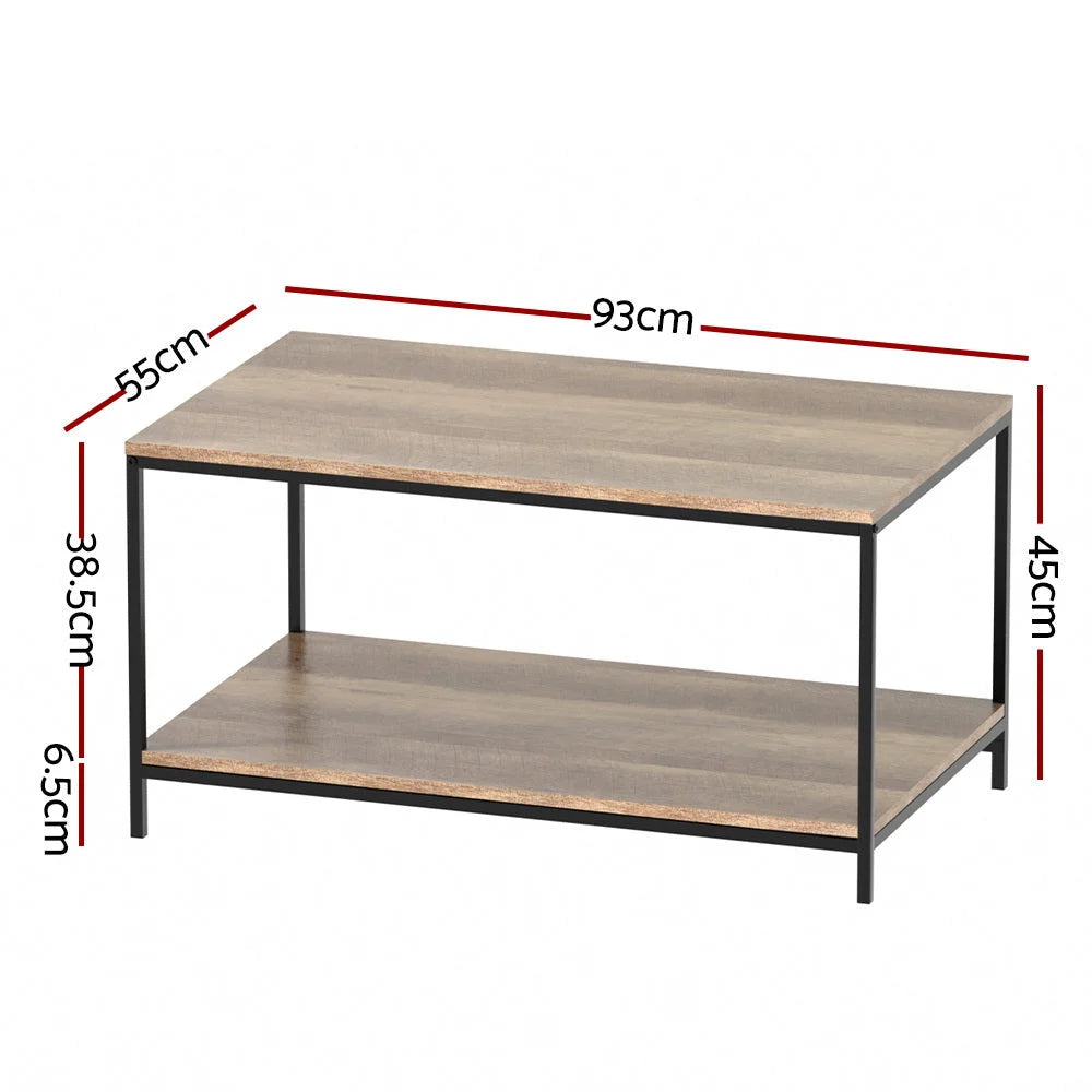 Coffee Table Wooden Rustic Vintage Shelf Metal Frame Black