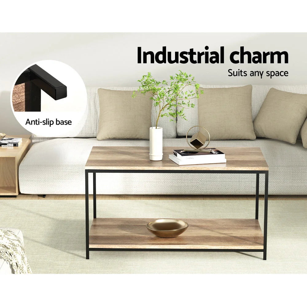 Table Wooden Rustic Vintage Storage Shelf Metal Frame Black