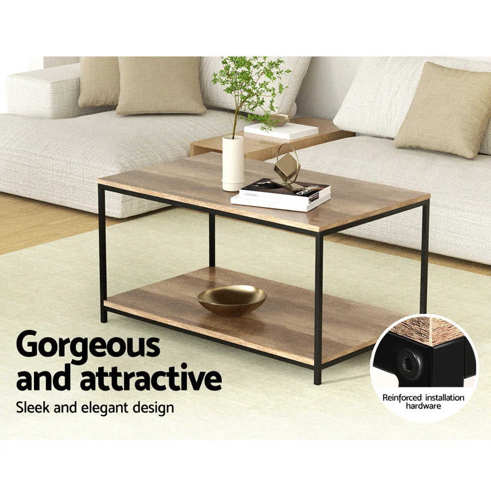 Coffee Table Wooden Rustic Vintage Storage Shelf Metal Frame Black