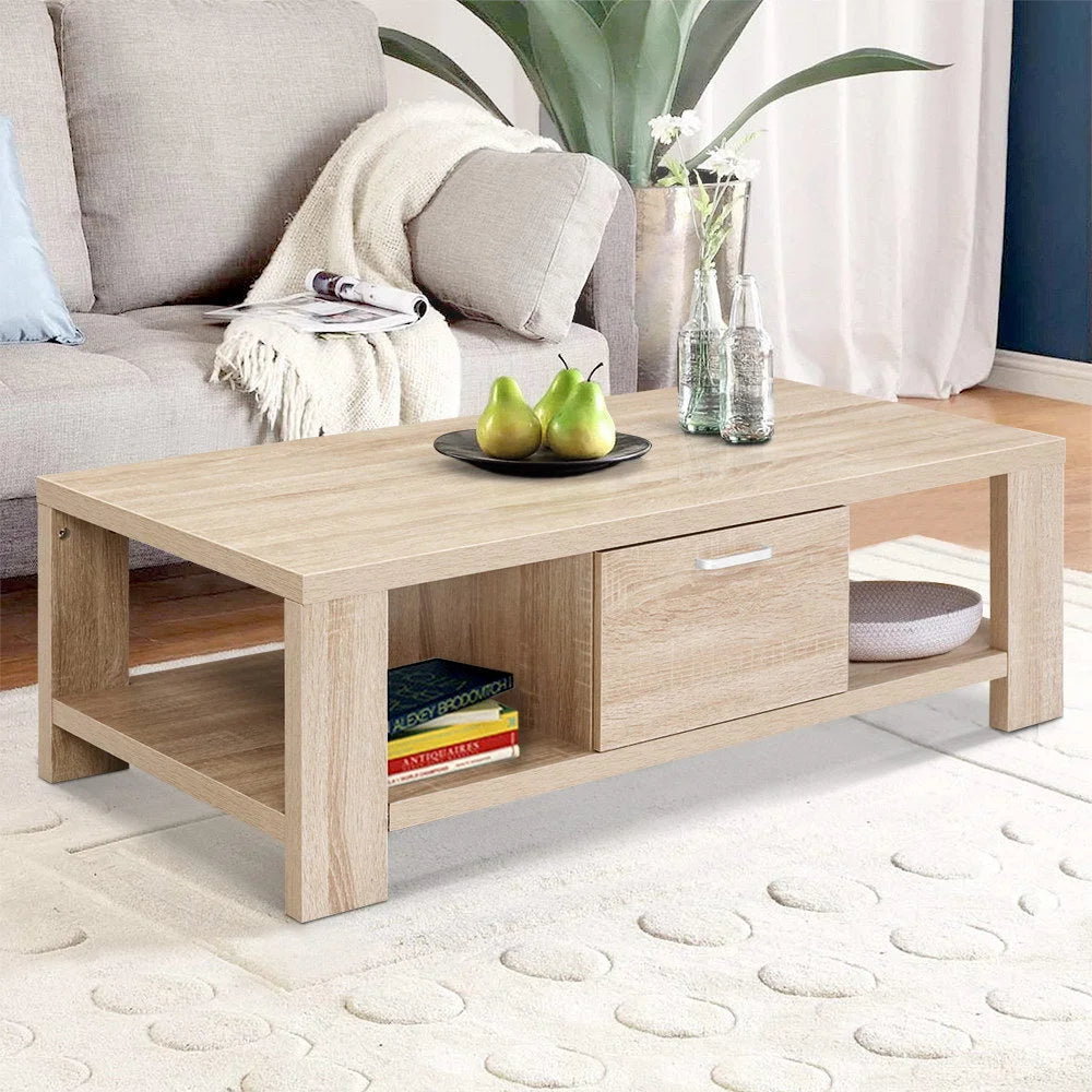 Coffee Table Wooden Shelf Storage Drawer
