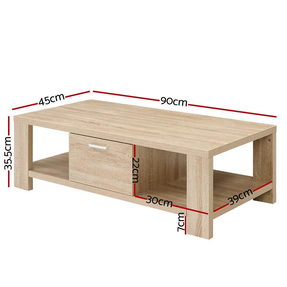 Wooden coffee table with low table top and lower shelf