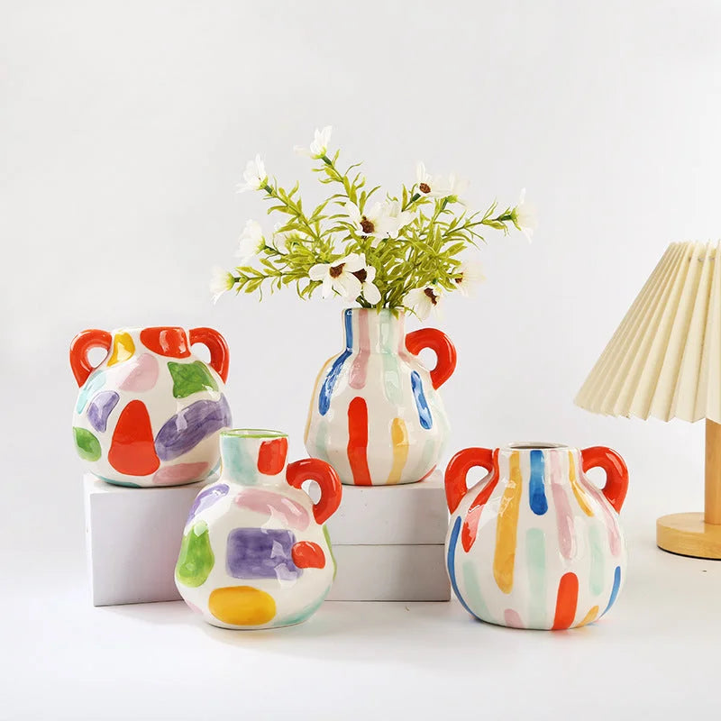 Colorful Artistic Hand-Painted Ceramic Vase - Dual Handle