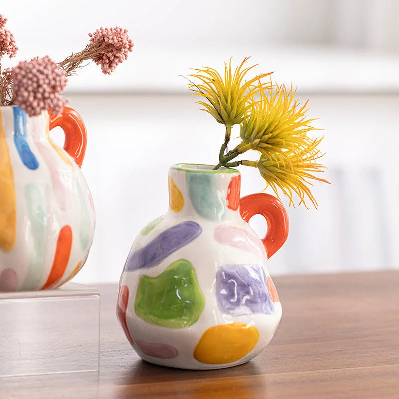 Colorful Artistic Hand-Painted Ceramic Vase - Dual Handle