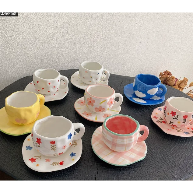 Colorful Polka Dots 300ML Underglaze Hand-Pinched Cup and Saucer Set