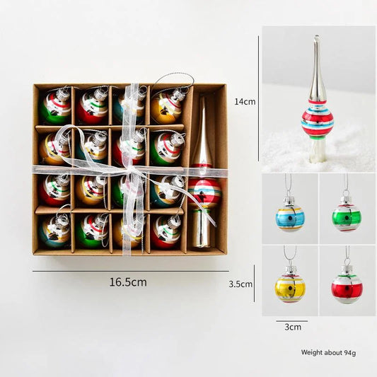 Colorful Retro Striped Glass Ornament Set with Mini Tree