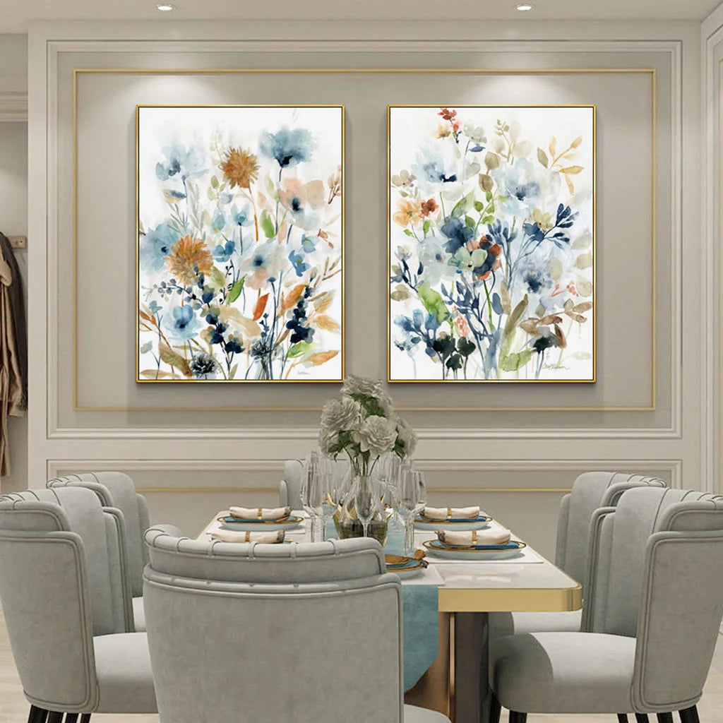 Colourful Floras Watercolour Style Wall Art - 2 Sets Gold