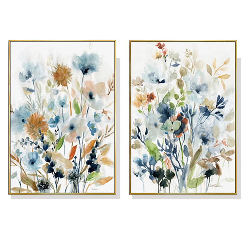 Colourful Floras Watercolour Style Wall Art - 2 Sets Gold
