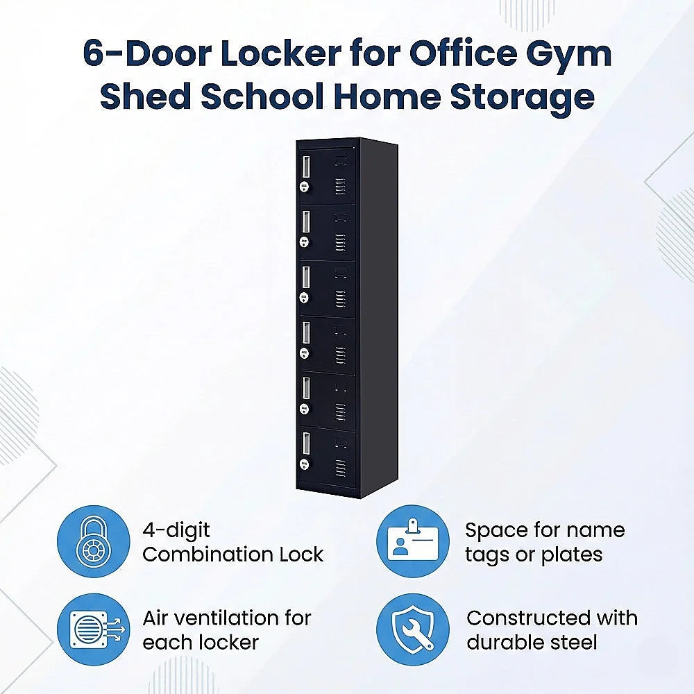 Combination Lock 4-Digit 6-Door Locker for Office Gym Shed