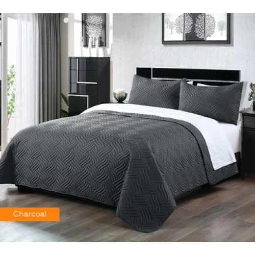 Comforter Set 3 Piece Embossed King Charcoal - Home & Garden